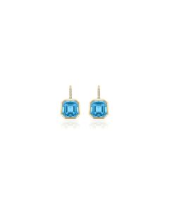 Yellow Gold Diamond and Asscher Cut Blue Topaz Wire Earring 