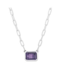 STERLING SILVER EMERALD SHAPE AMETHYST SOLITAIRE NECKLACE