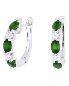 WHITE GOLD OVAL EMERALD AND DIAMOND HOOP EARRINGS