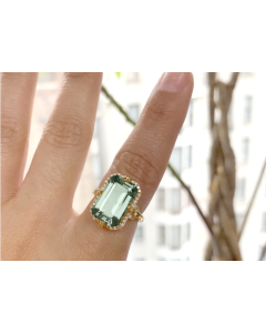 Yellow Gold Diamond and Emerald Cut Prasiolite Halo Ring