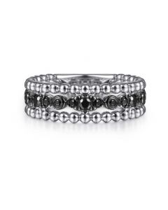 Silver Black Spinel Center With Bead Border Ring