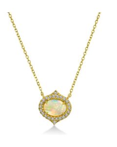 YELLOW GOLD DIAMOND AND OVAL OPAL HALO NECKLACE