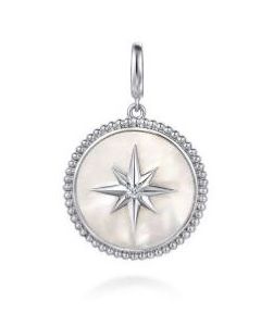 GABRIEL & CO STERLING SILVER WHITE SAPPHIRE AND MOTHER OF PEARL ROUND STARBURST MEDALLION