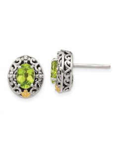 STERLING SILVER AND YELLOW GOLD OVAL PERIDOT STUD EARRINGS
