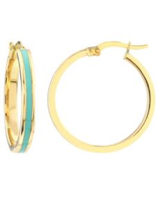  YELLOW GOLD TURQUOISE  ENAMEL ROUND HOOPS